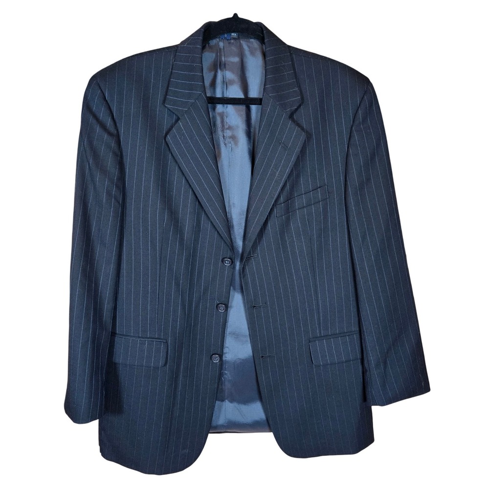 Oleg Cassini Men's Navy Blue Pinstripe 100% Wool Blazer Sport Coat Elbow Patch